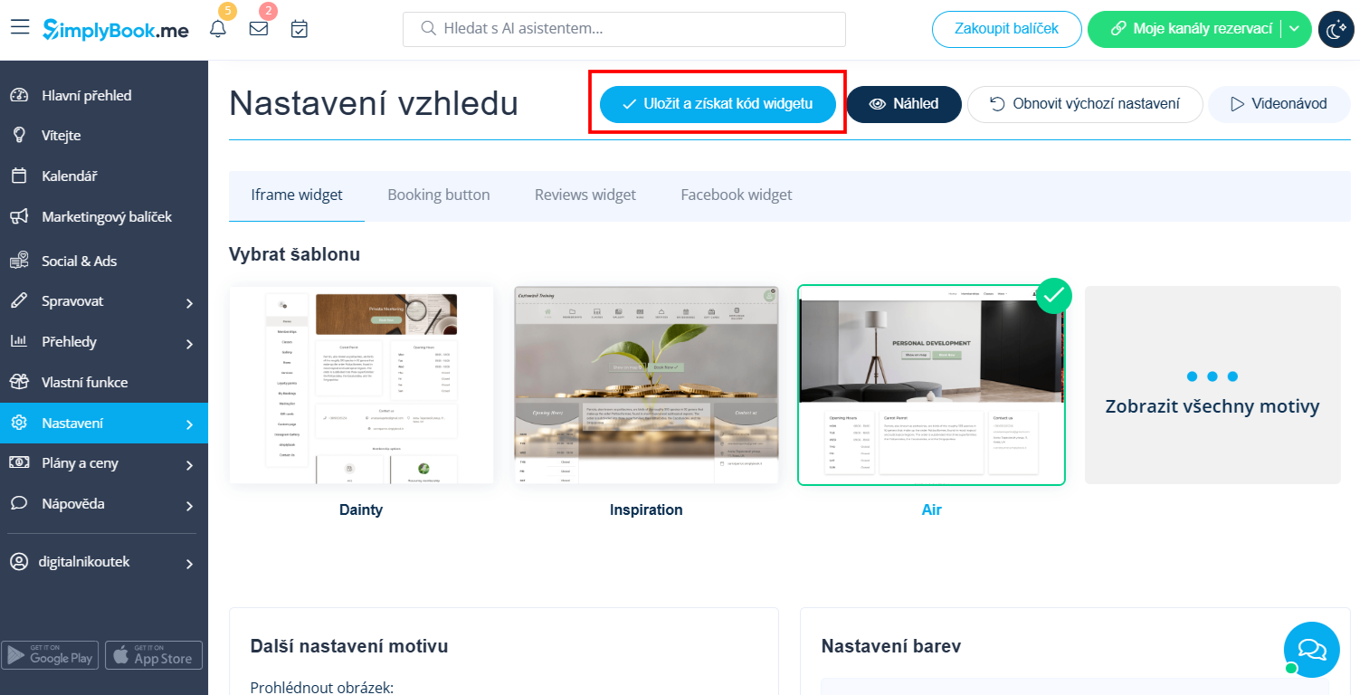 Nastavení Simplybook widgetu pro web